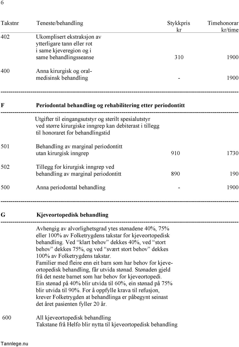 Behandling av marginal periodontitt utan kirurgisk inngrep 910 1730 502 Tillegg for kirurgisk inngrep ved behandling av marginal periodontitt 890 190 500 Anna periodontal behandling - 1900 G