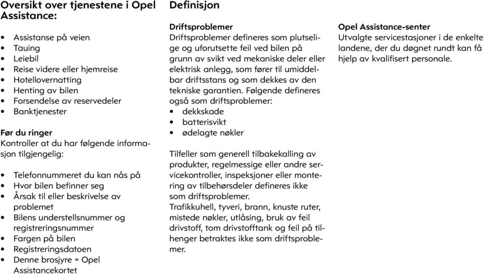 Fargen på bilen Registreringsdatoen Denne brosjyre = Opel Assistancekortet Definisjon Driftsproblemer Driftsproblemer defineres som plutselige og uforutsette feil ved bilen på grunn av svikt ved