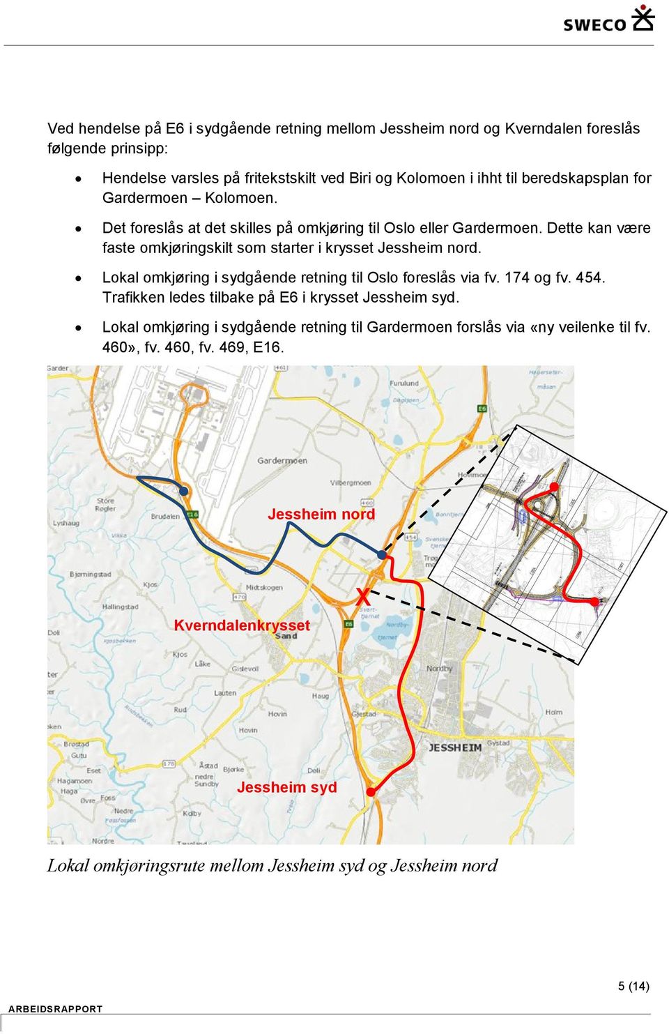 Dette kan være faste omkjøringskilt som starter i krysset nord. Lokal omkjøring i sydgående retning til Oslo foreslås via fv. 174 og fv. 454.