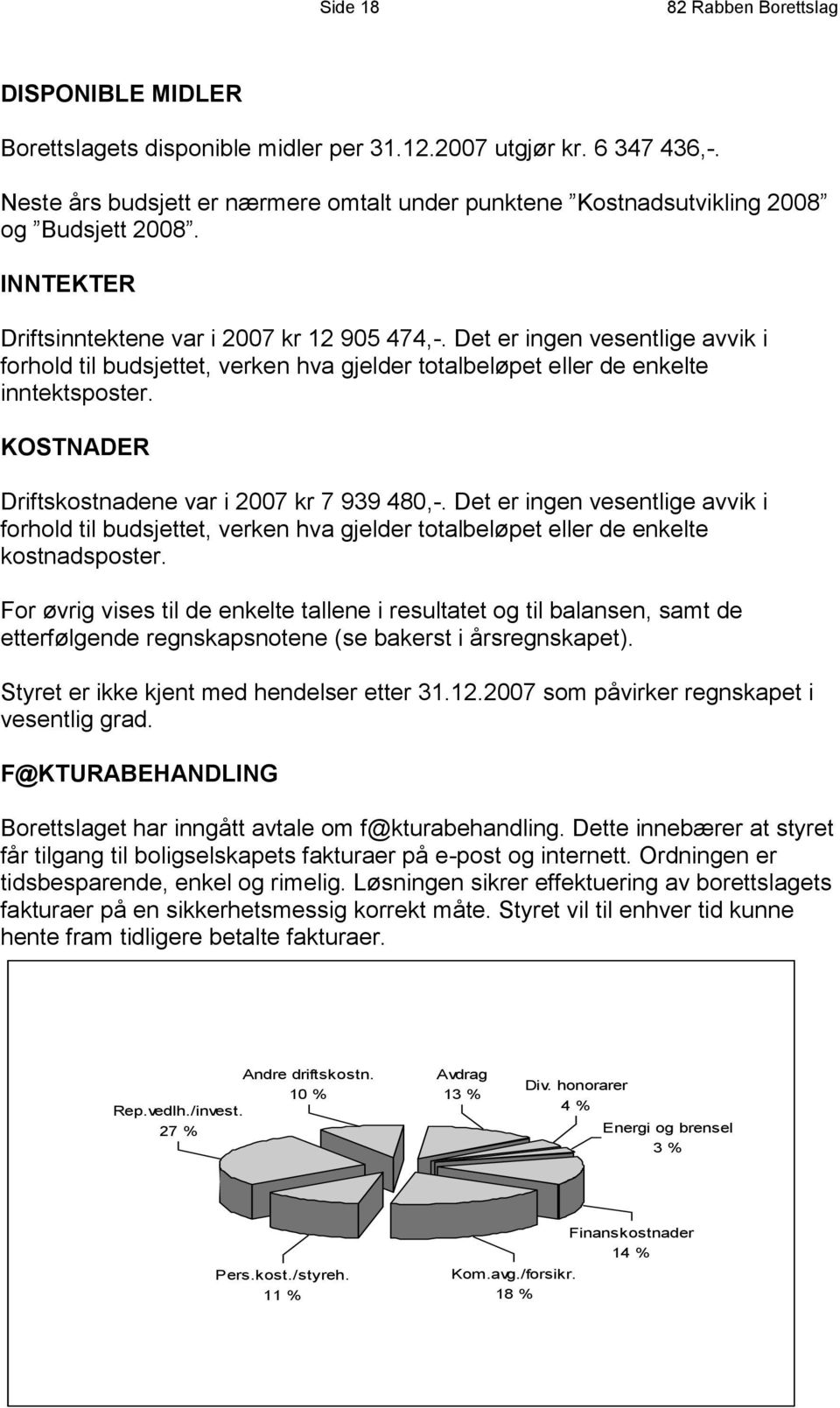 Det er ingen vesentlige avvik i forhold til budsjettet, verken hva gjelder totalbeløpet eller de enkelte inntektsposter. KOSTNADER Driftskostnadene var i 2007 kr 7 939 480,-.