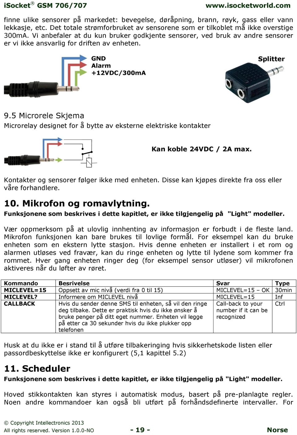 5 Microrele Skjema Microrelay designet for å bytte av eksterne elektriske kontakter Kan koble 24VDC / 2A max. Kontakter og sensorer følger ikke med enheten.