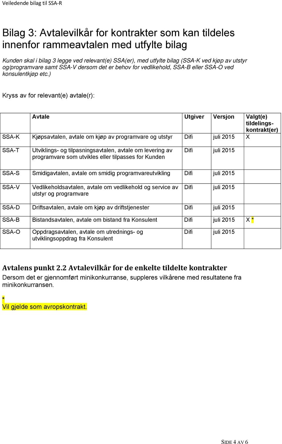 ) Kryss av for relevant(e) avtale(r): Avtale Utgiver Versjon Valgt(e) tildelingskontrakt(er) SSA-K Kjøpsavtalen, avtale om kjøp av programvare og utstyr Difi juli 2015 X SSA-T Utviklings- og