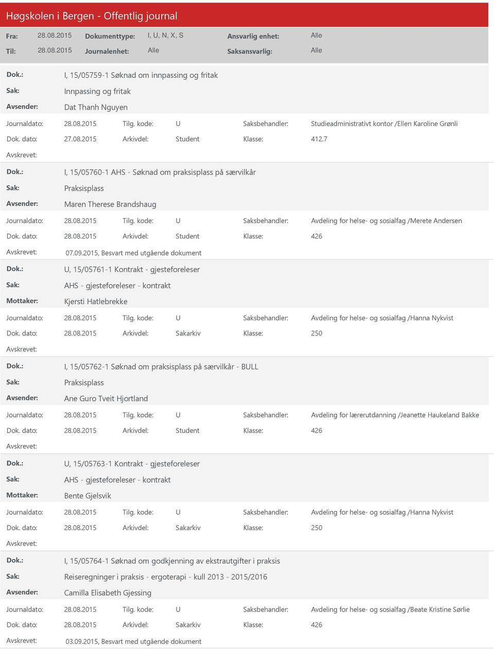 2015, Besvart med utgående dokument, 15/05761-1 Kontrakt - gjesteforeleser Kjersti Hatlebrekke Dok.