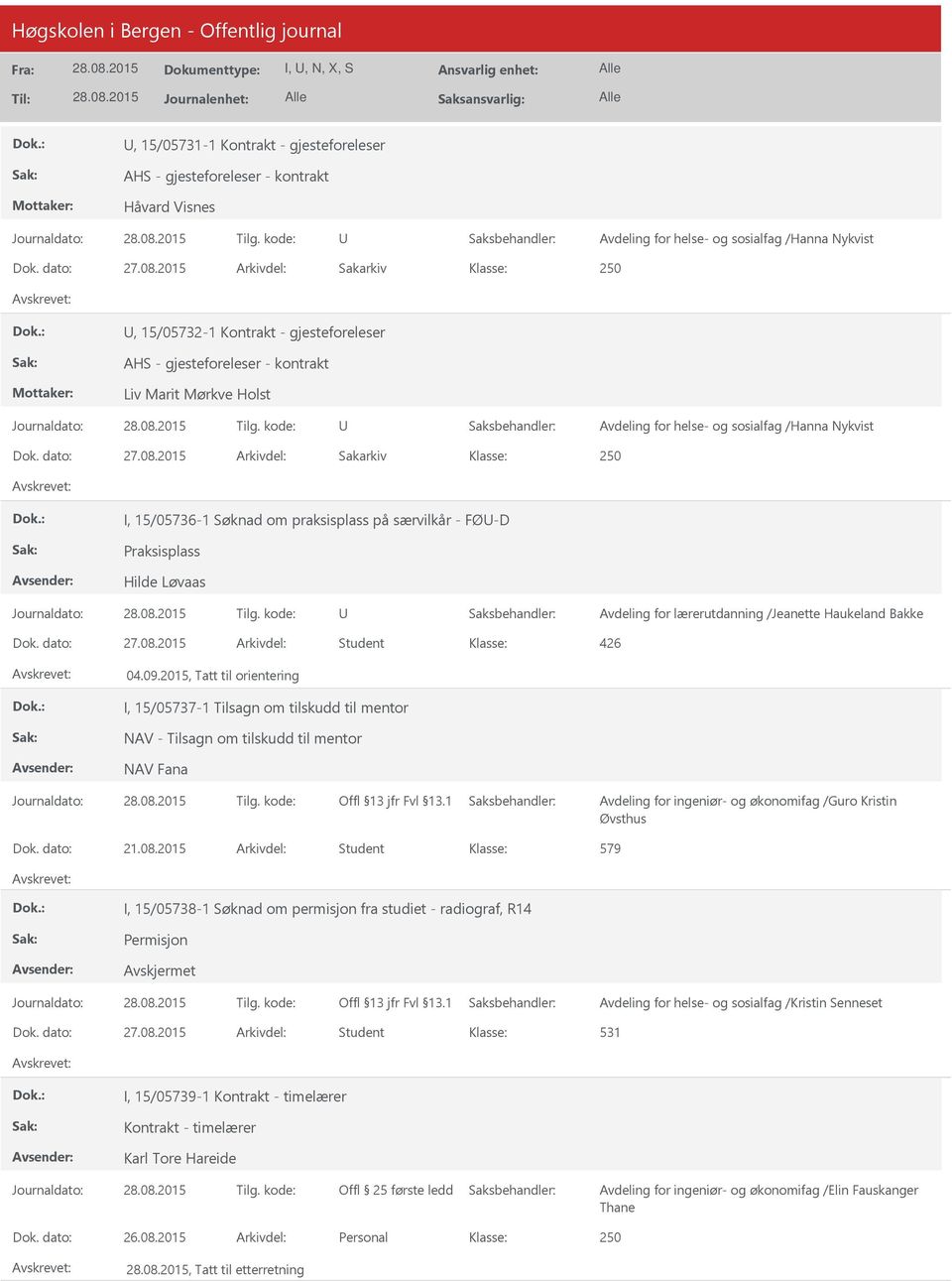 2015, Tatt til orientering I, 15/05737-1 Tilsagn om tilskudd til mentor NAV - Tilsagn om tilskudd til mentor NAV Fana Avdeling for ingeniør- og økonomifag /Guro Kristin Øvsthus Dok. dato: 21.08.