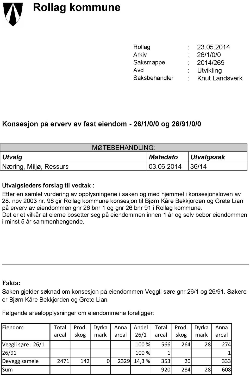 Næring, Miljø, Ressurs 03.06.2014 36/14 Utvalgsleders forslag til vedtak : Etter en samlet vurdering av opplysningene i saken og med hjemmel i konsesjonsloven av 28. nov 2003 nr.