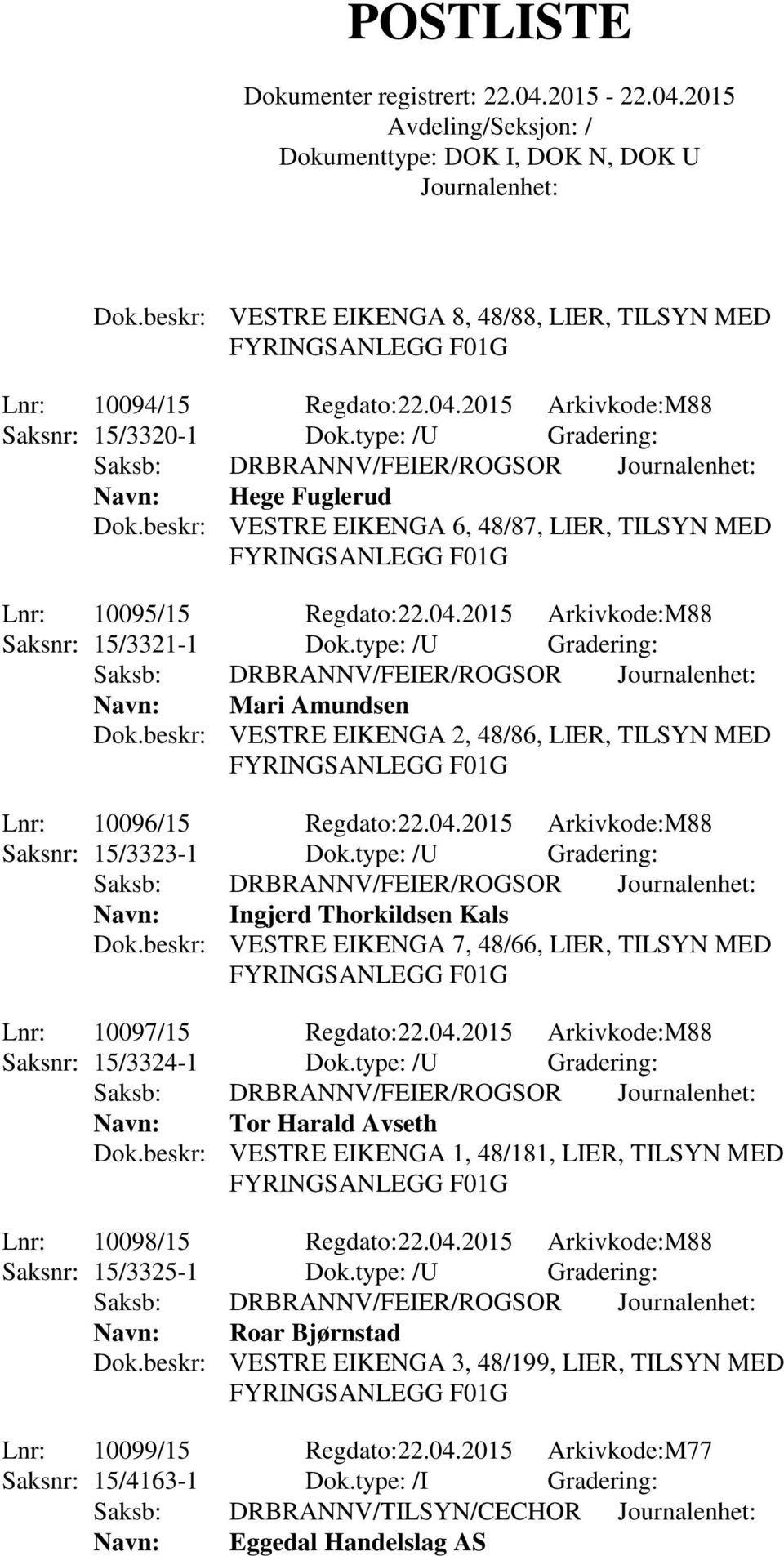 beskr: VESTRE EIKENGA 2, 48/86, LIER, TILSYN MED Lnr: 10096/15 Regdato:22.04.2015 Arkivkode:M88 Saksnr: 15/3323-1 Dok.type: /U Gradering: Navn: Ingjerd Thorkildsen Kals Dok.