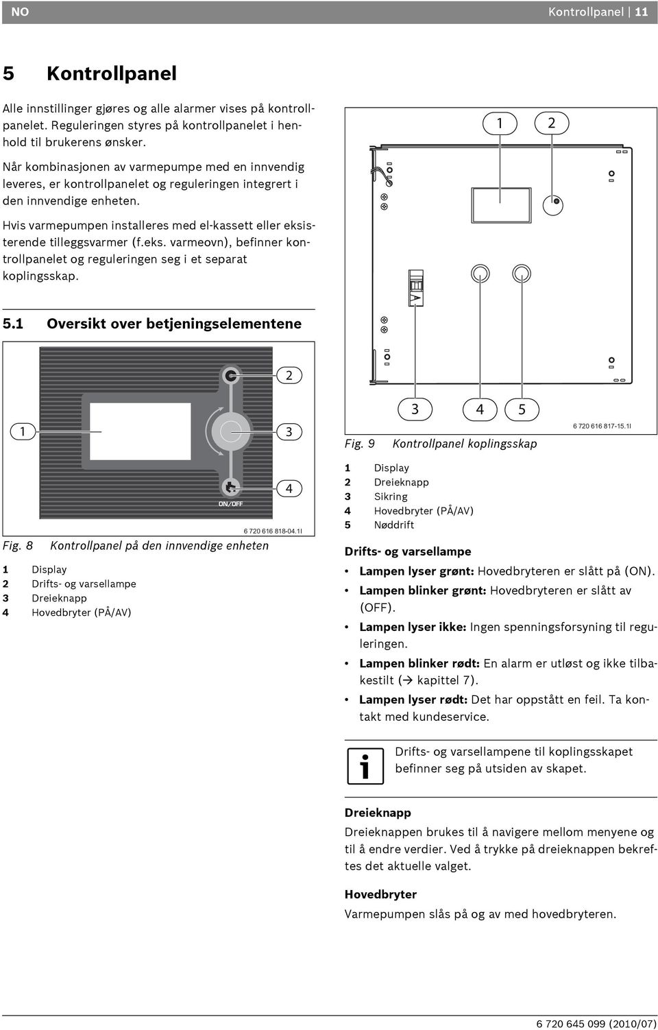 Hvis varmepumpen installeres med el-kassett eller eksisterende tilleggsvarmer (f.eks. varmeovn), befinner kontrollpanelet og reguleringen seg i et separat koplingsskap. 5.