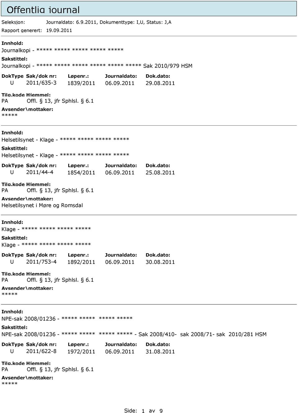 2011 Helsetilsynet - Klage - Helsetilsynet - Klage - 2011/44-4 1854/2011 Helsetilsynet i Møre og Romsdal 25.08.