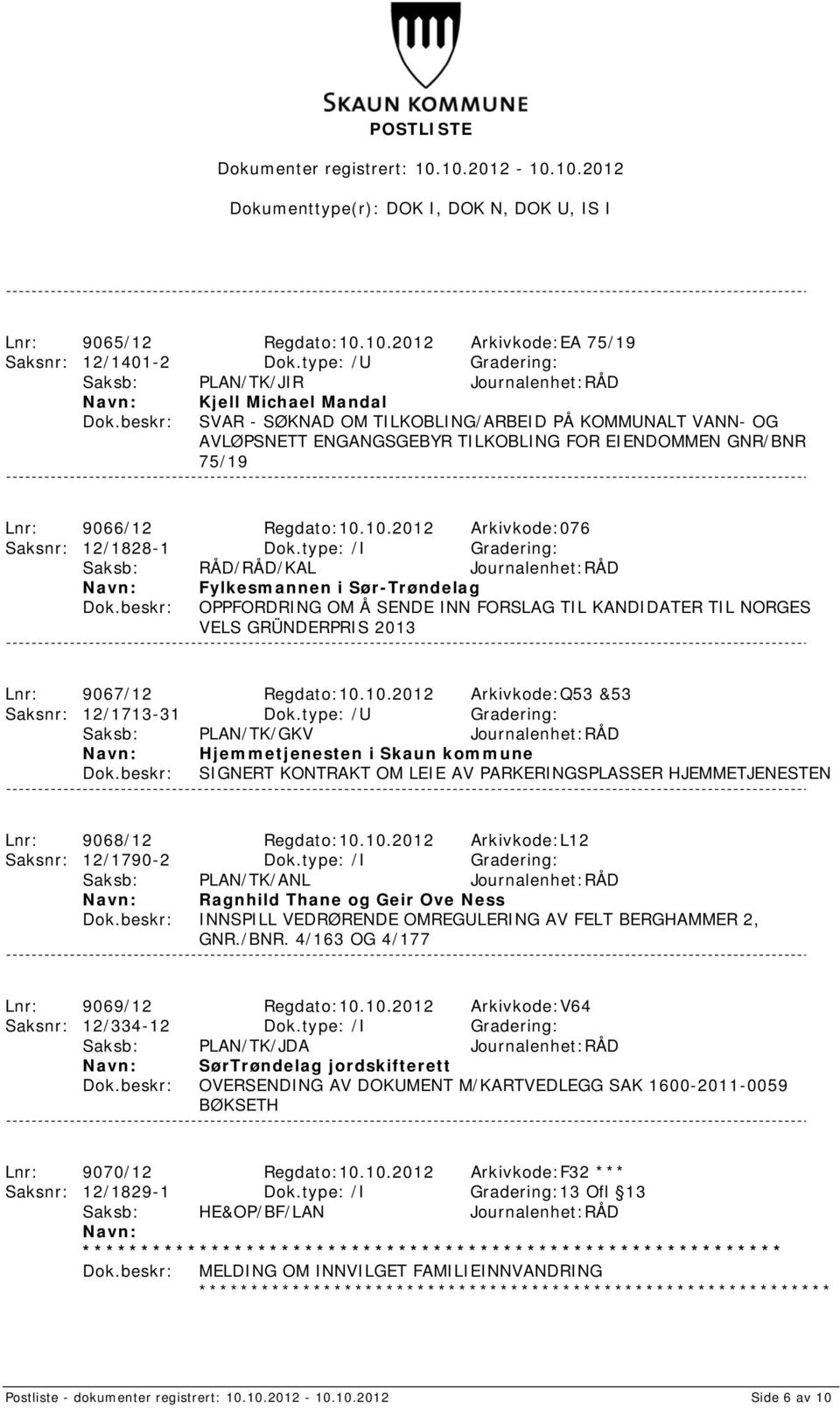 Lnr: 9066/12 Regdato:10.10.2012 Arkivkode:076 Saksnr: 12/1828-1 Dok.