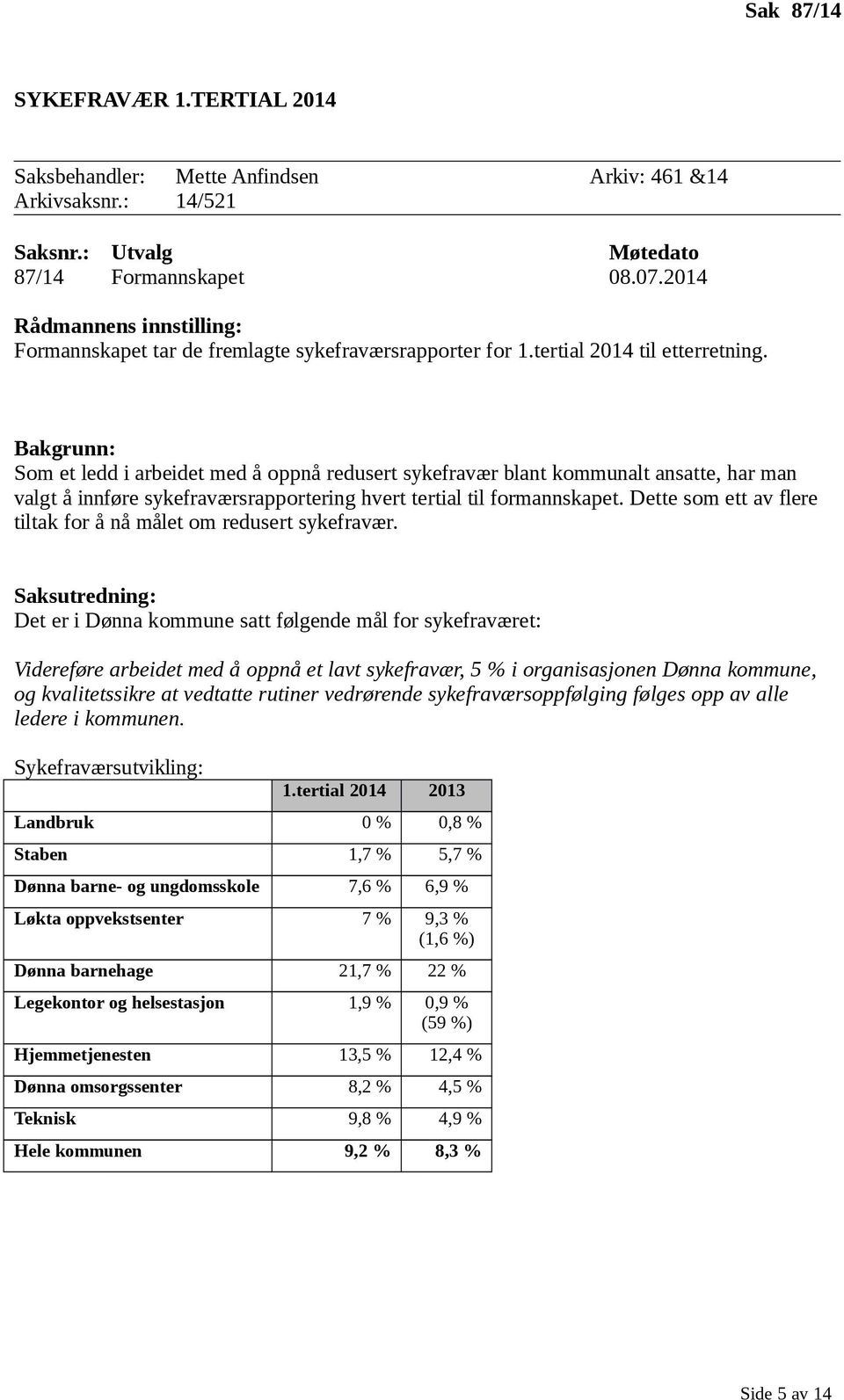 Bakgrunn: Som et ledd i arbeidet med å oppnå redusert sykefravær blant kommunalt ansatte, har man valgt å innføre sykefraværsrapportering hvert tertial til formannskapet.