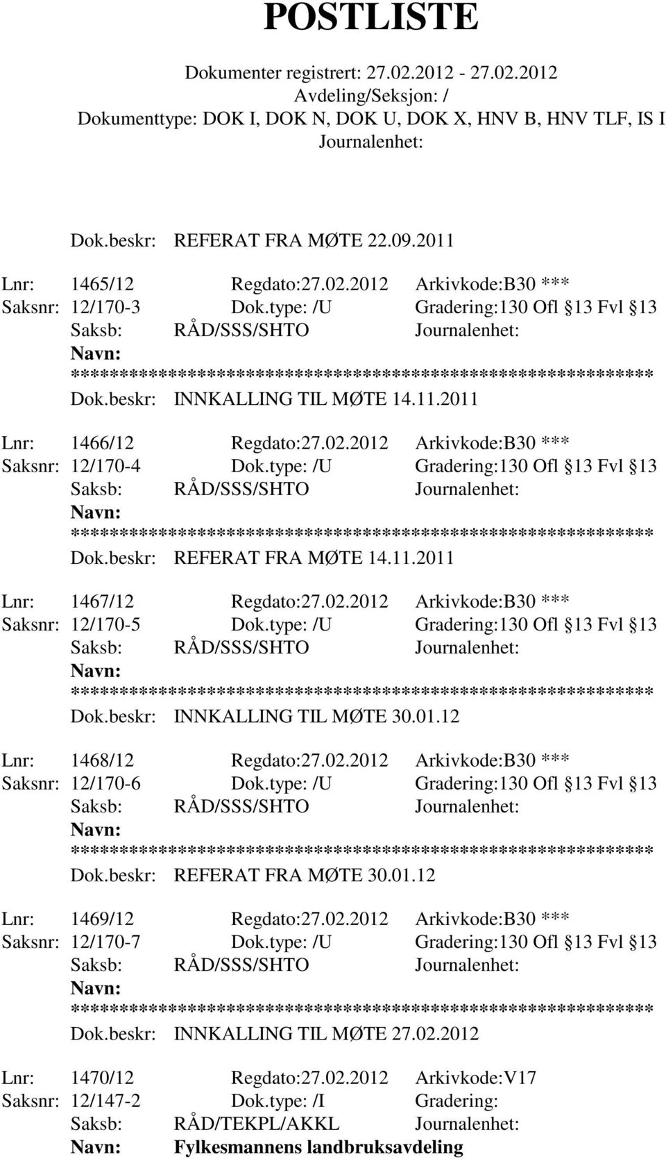 type: /U Gradering:130 Ofl 13 Fvl 13 Dok.beskr: INNKALLING TIL MØTE 30.01.12 Lnr: 1468/12 Regdato:27.02.2012 Arkivkode:B30 *** Saksnr: 12/170-6 Dok.type: /U Gradering:130 Ofl 13 Fvl 13 Dok.beskr: REFERAT FRA MØTE 30.