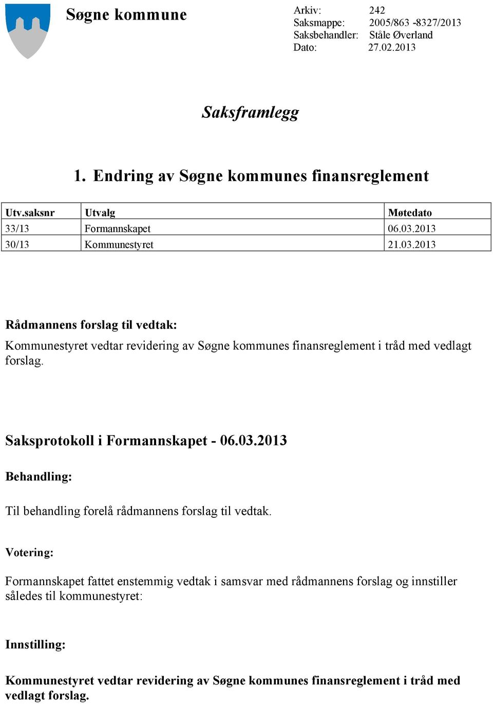 Saksprotokoll i Formannskapet - 06.03.2013 Behandling: Til behandling forelå rådmannens forslag til vedtak.