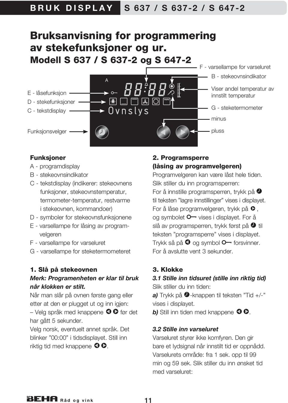 temperatur G - steketermometer minus pluss Funksjoner A - programdisplay B - stekeovnsindikator C - tekstdisplay (indikerer: stekeovnens funksjoner, stekeovnstemperatur, termometer-temperatur,