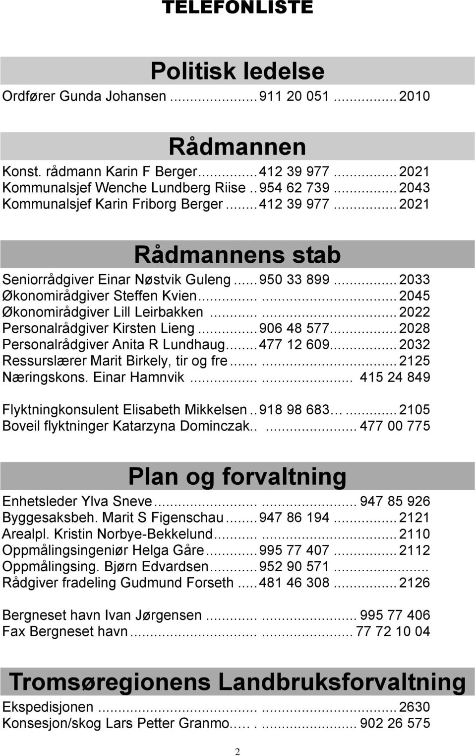 ..... 2045 Økonomirådgiver Lill Leirbakken...... 2022 Personalrådgiver Kirsten Lieng... 906 48 577... 2028 Personalrådgiver Anita R Lundhaug... 477 12 609... 2032 Ressurslærer Marit Birkely, tir og fre.