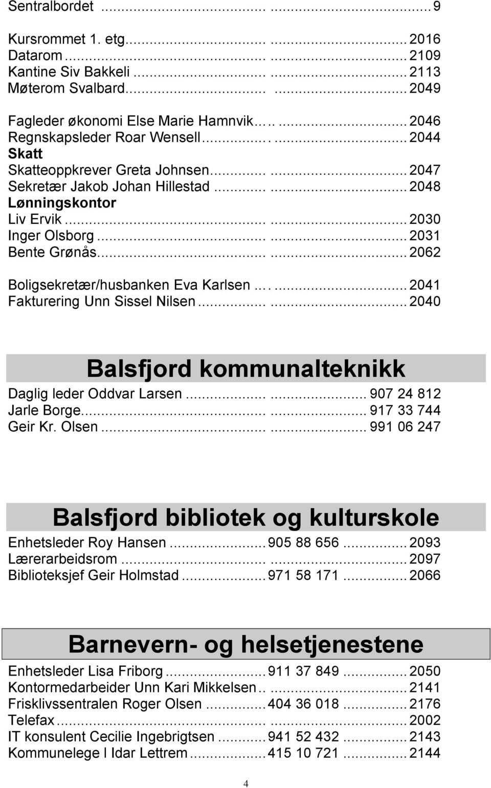 ..... 2062 Boligsekretær/husbanken Eva Karlsen....... 2041 Fakturering Unn Sissel Nilsen...... 2040 Balsfjord kommunalteknikk Daglig leder Oddvar Larsen...... 907 24 812 Jarle Borge.