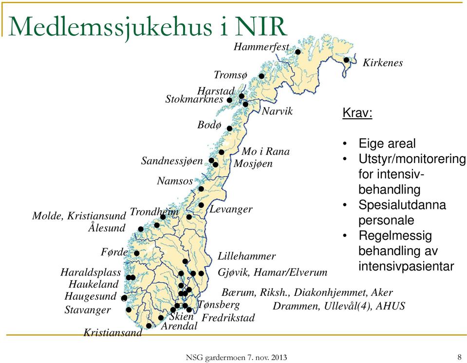 , Diakonhjemmet, Aker Tønsberg Drammen, Ullevål(4), AHUS Skien Fredrikstad Arendal Lillehammer Gjøvik, Hamar/Elverum Krav: