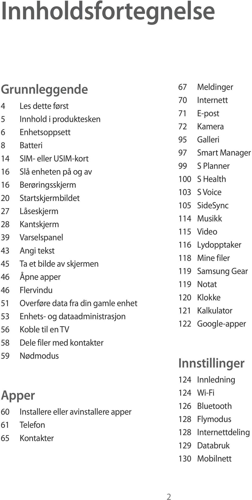 58 Dele filer med kontakter 59 Nødmodus Apper 60 Installere eller avinstallere apper 61 Telefon 65 Kontakter 67 Meldinger 70 Internett 71 E-post 72 Kamera 95 Galleri 97 Smart Manager 99 S Planner 100