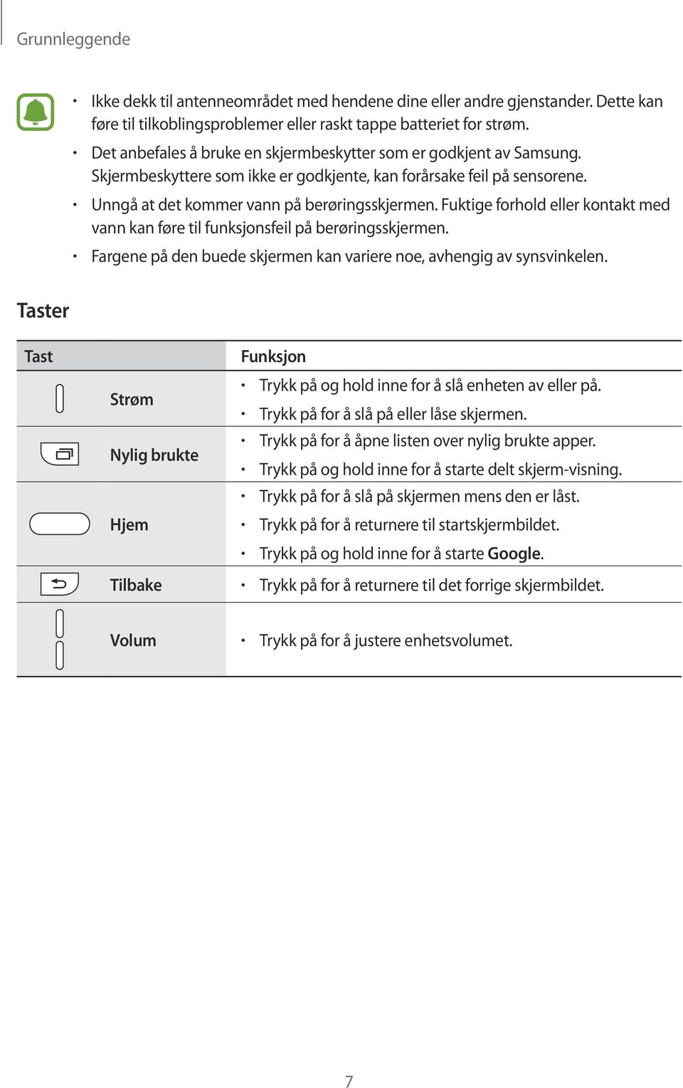 Fuktige forhold eller kontakt med vann kan føre til funksjonsfeil på berøringsskjermen. Fargene på den buede skjermen kan variere noe, avhengig av synsvinkelen.