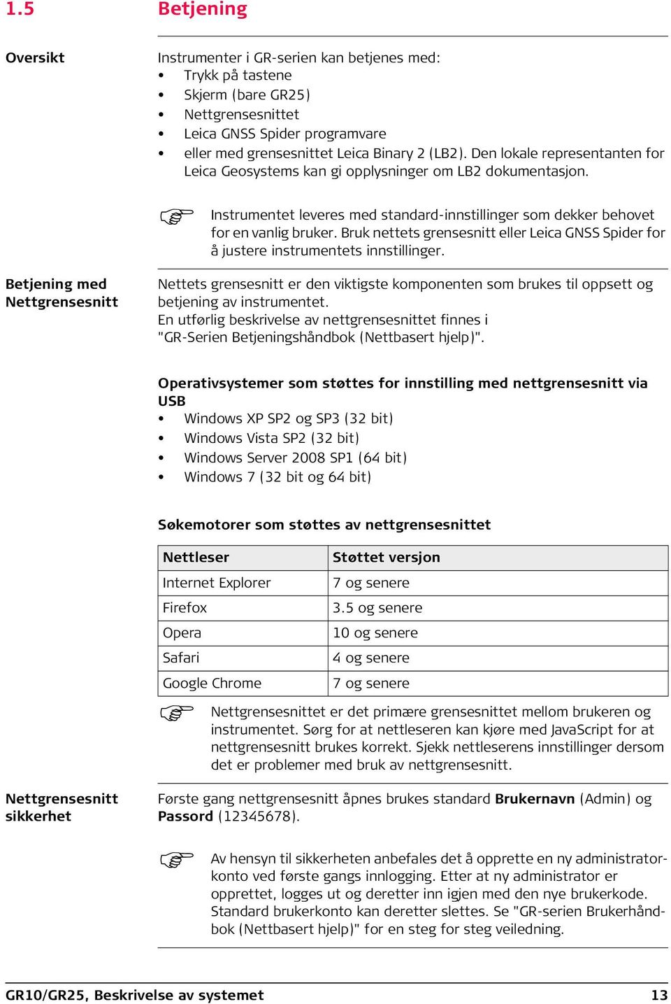 Instrumentet leveres med standard-innstillinger som dekker behovet for en vanlig bruker. Bruk nettets grensesnitt eller Leica GNSS Spider for å justere instrumentets innstillinger.