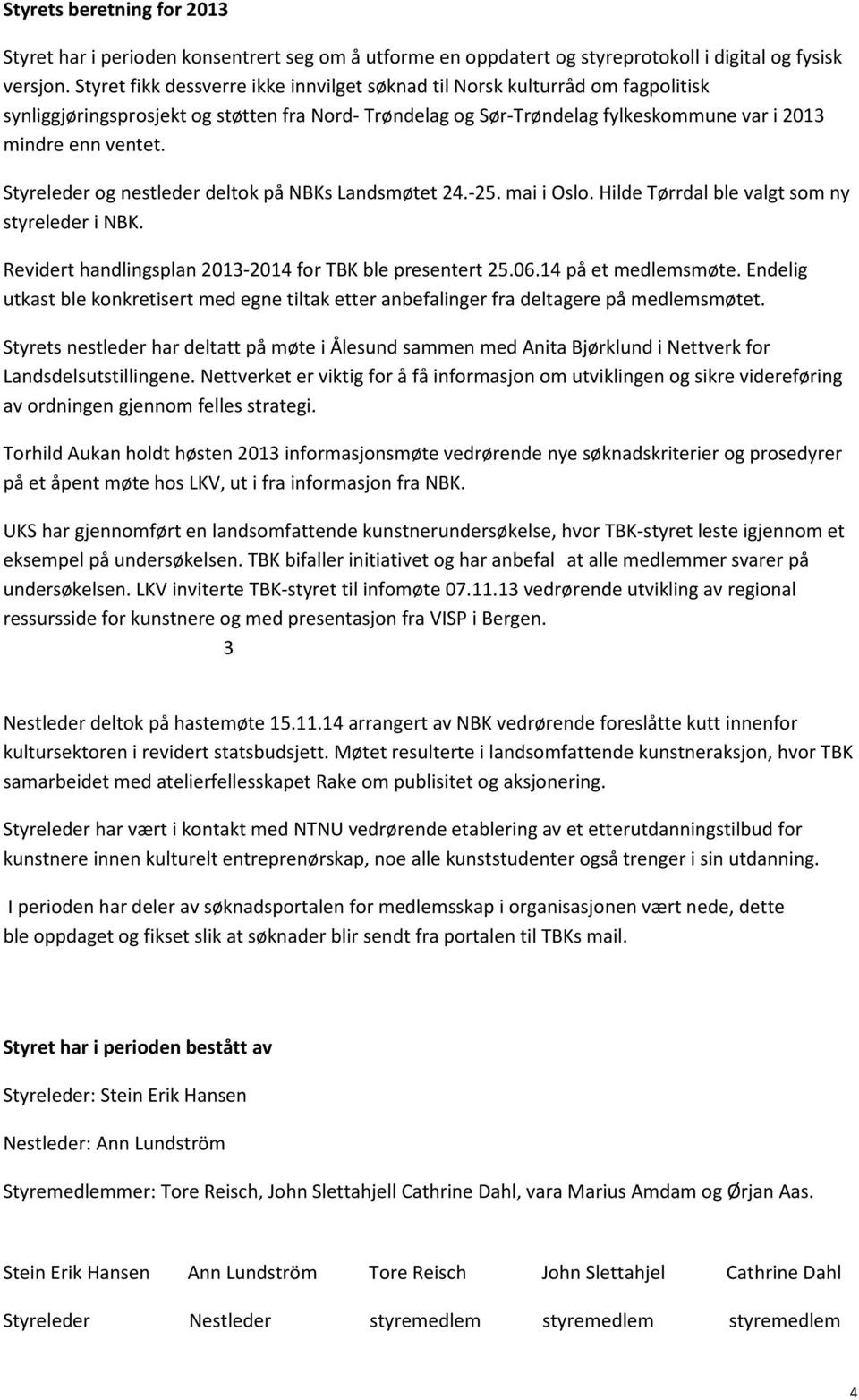 Styreleder og nestleder deltok på NBKs Landsmøtet 24.-25. mai i Oslo. Hilde Tørrdal ble valgt som ny styreleder i NBK. Revidert handlingsplan 2013-2014 for TBK ble presentert 25.06.