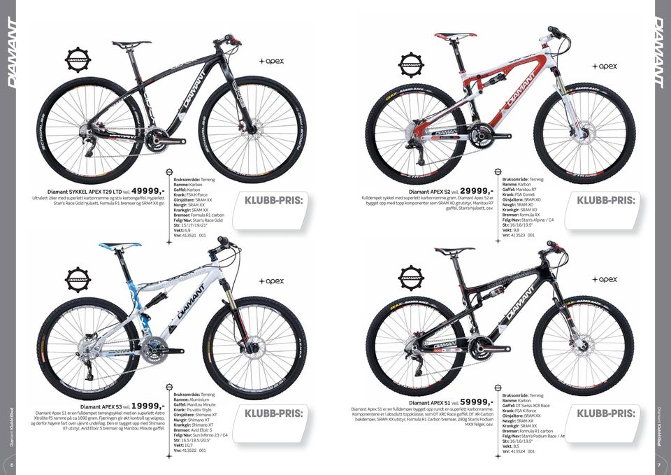 29999,- Fulldempet sykkel med superlett karbonramme gram. Diamant Apex S2 er bygget opp med topp komponenter som SRAM XO girutstyr, Manitou R7 gaffel, Stan's hjulsett, osv.