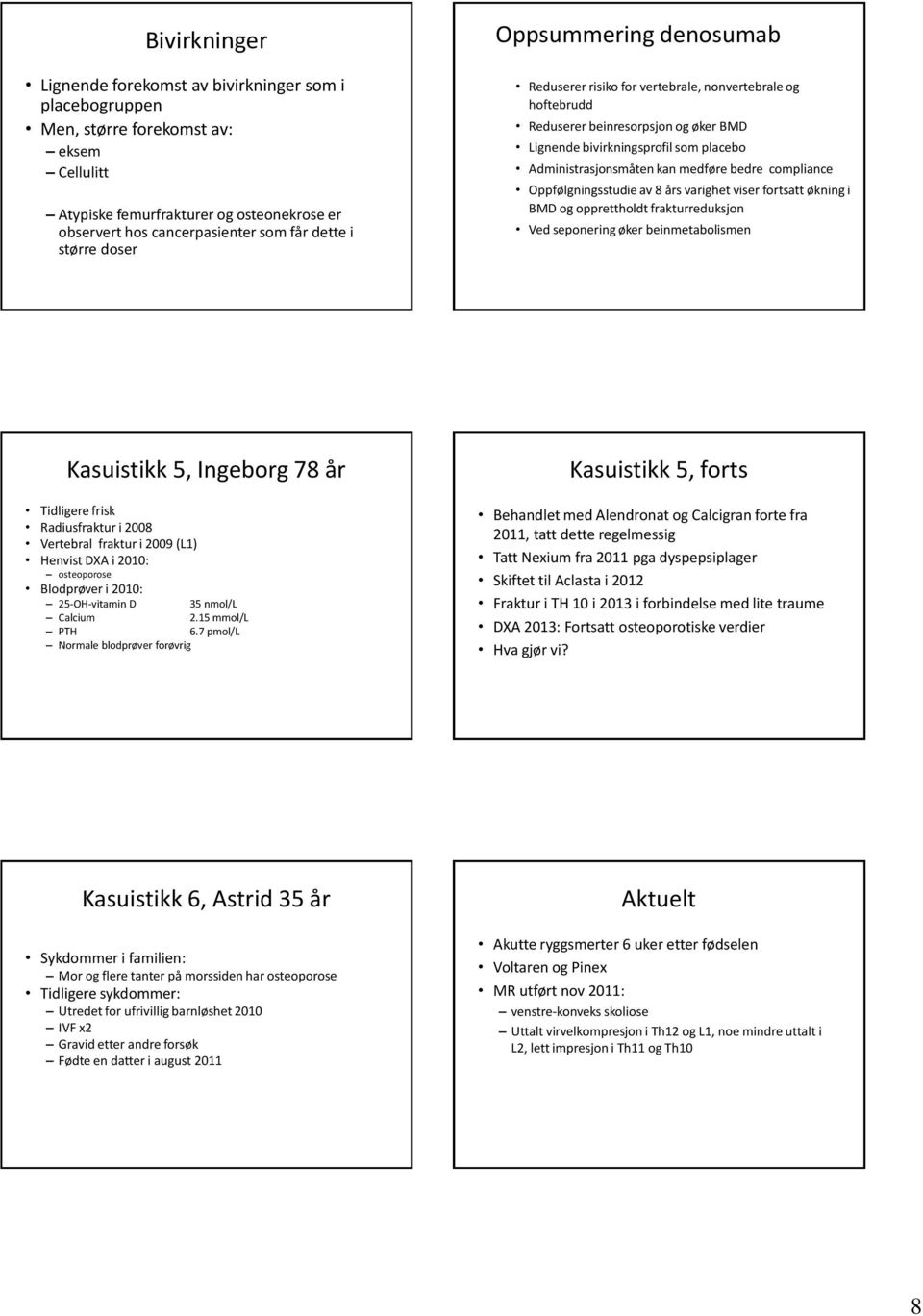 medføre bedre compliance Oppfølgningsstudie av 8 års varighet viser fortsatt økning i BMD og opprettholdt frakturreduksjon Ved seponering øker beinmetabolismen Kasuistikk 5, Ingeborg 78 år Tidligere
