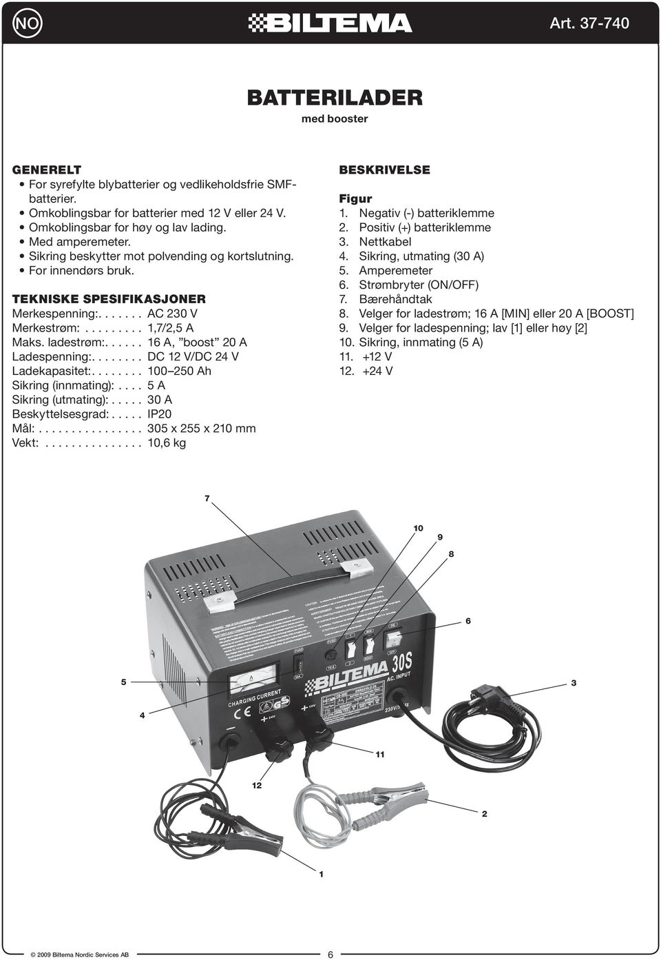 ..... 16 A, boost 20 A Ladespenning:........ DC 12 V/DC 24 V Ladekapasitet:........ 100 250 Ah Sikring (innmating):.... 5 A Sikring (utmating):..... 30 A Beskyttelsesgrad:..... IP20 Mål:.