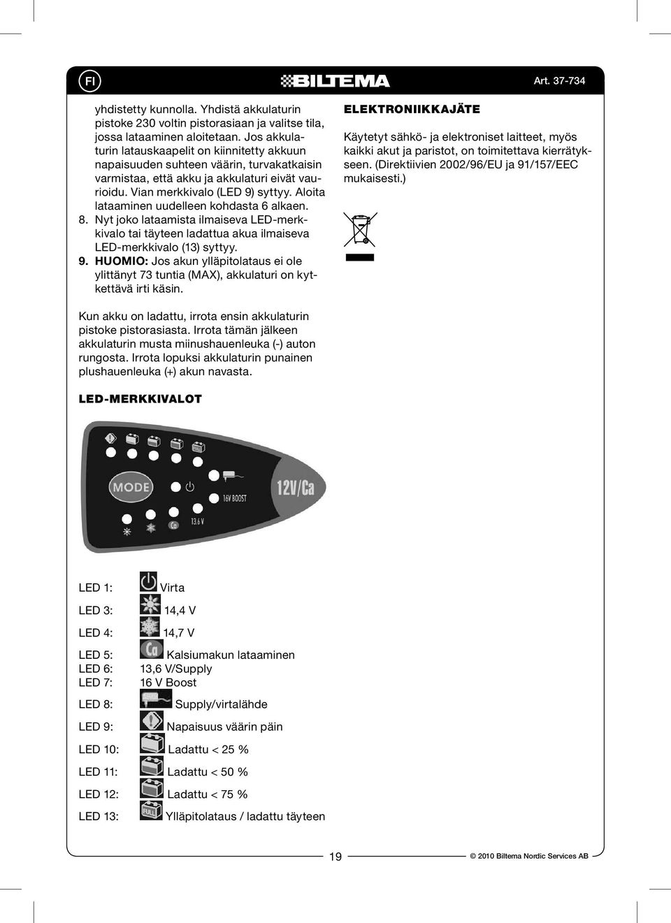 Aloita lataaminen uudelleen kohdasta 6 alkaen. 8. Nyt joko lataamista ilmaiseva LED-merkkivalo tai täyteen ladattua akua ilmaiseva LED-merkkivalo (13) syttyy. 9.