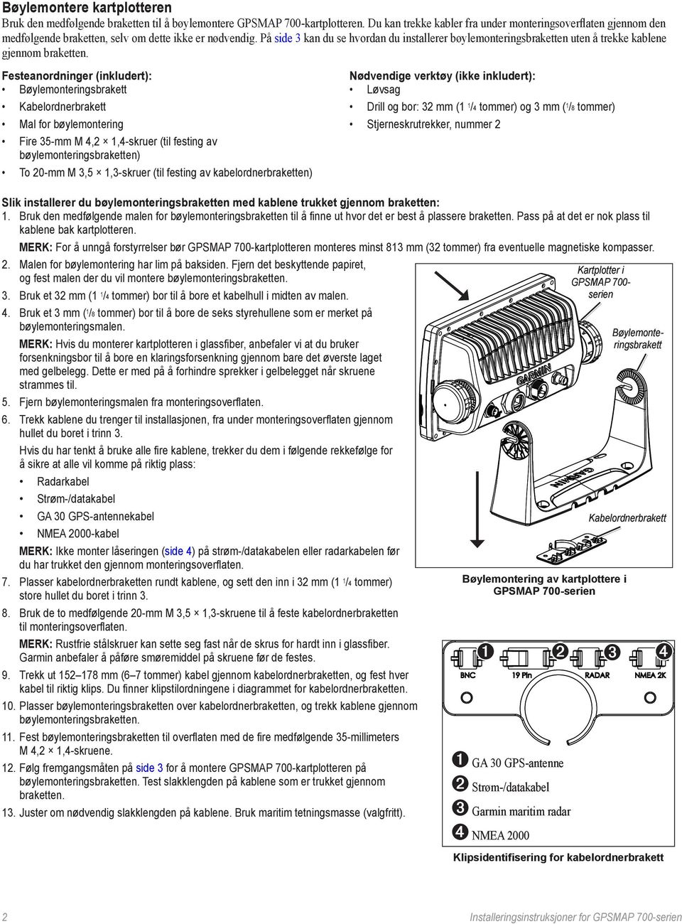 På side 3 kan du se hvordan du installerer bøylemonteringsbraketten uten å trekke kablene gjennom braketten.