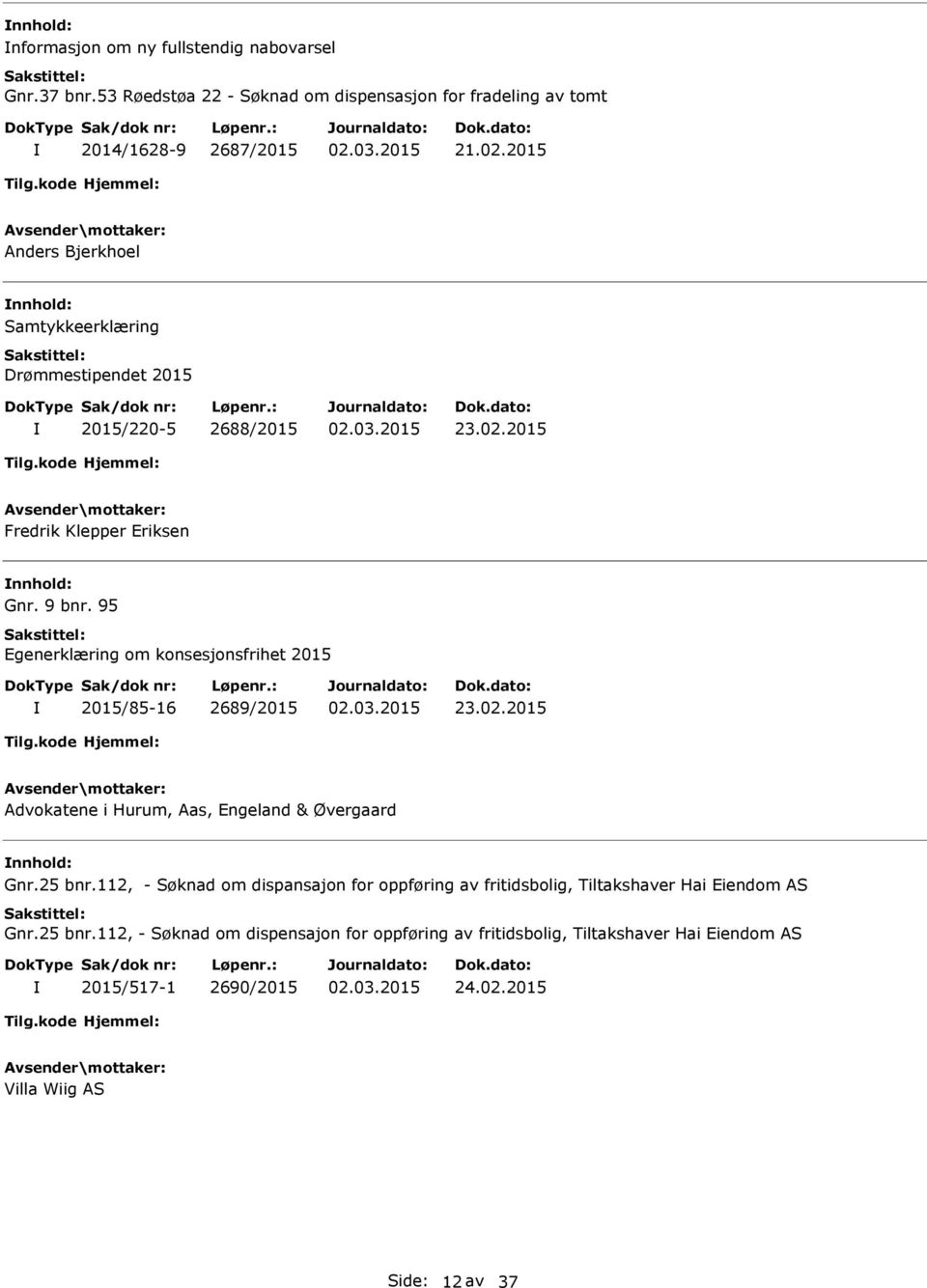 95 Egenerklæring om konsesjonsfrihet 2015 2015/85-16 2689/2015 23.02.2015 Advokatene i Hurum, Aas, Engeland & Øvergaard nnhold: Gnr.25 bnr.