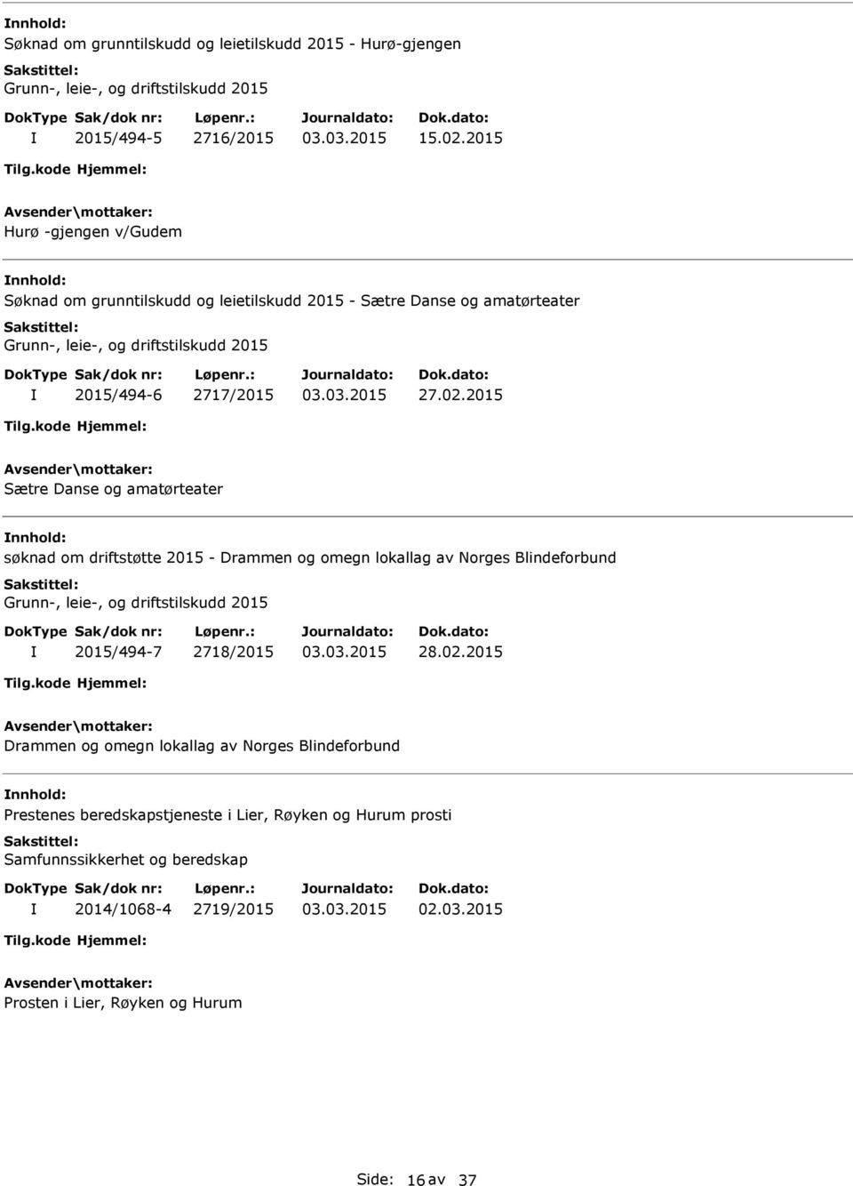 2015 Sætre Danse og amatørteater nnhold: søknad om driftstøtte 2015 - Drammen og omegn lokallag av Norges Blindeforbund Grunn-, leie-, og driftstilskudd 2015 2015/494-7 2718/2015