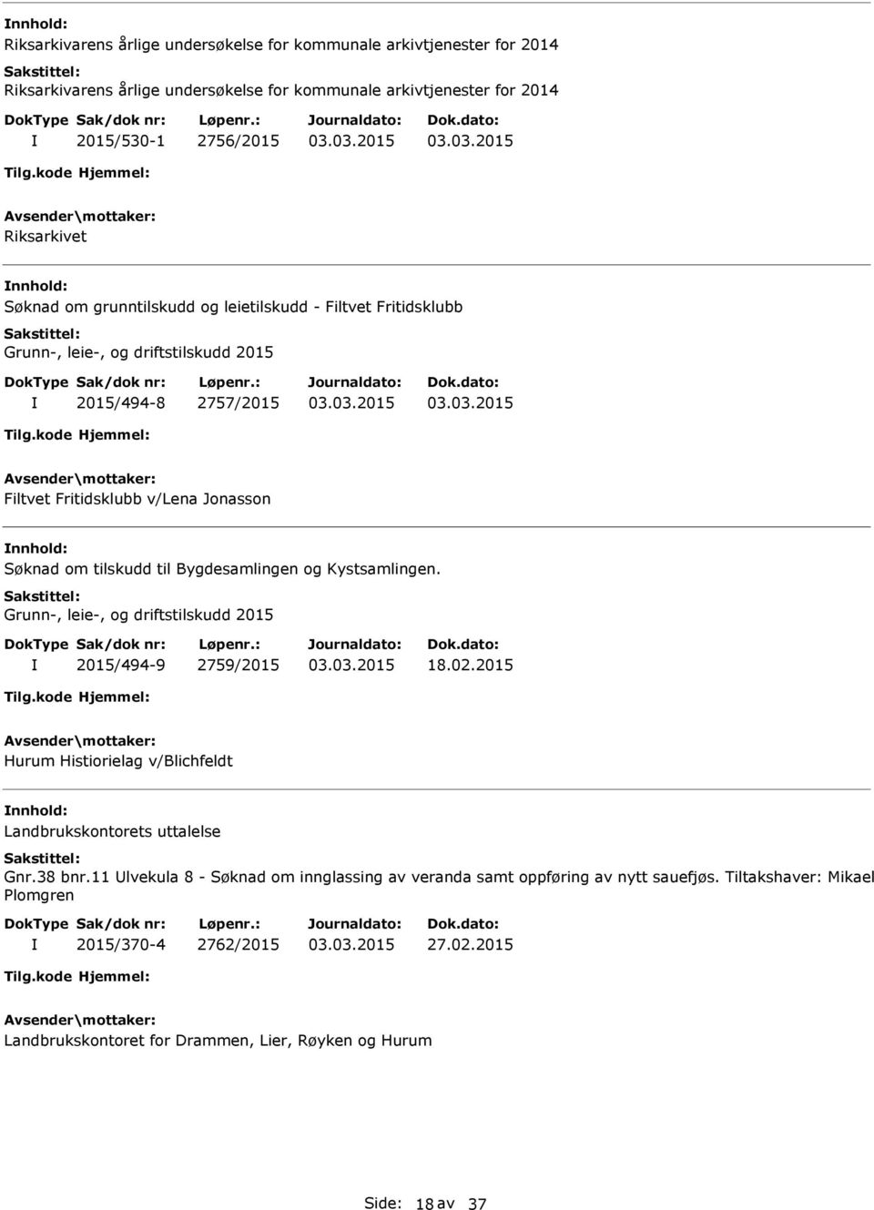 Bygdesamlingen og Kystsamlingen. Grunn-, leie-, og driftstilskudd 2015 2015/494-9 2759/2015 18.02.2015 Hurum Histiorielag v/blichfeldt nnhold: Landbrukskontorets uttalelse Gnr.38 bnr.