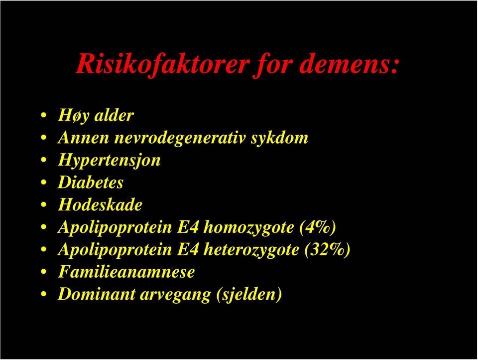 Hodeskade Apolipoprotein E4 homozygote (4%)