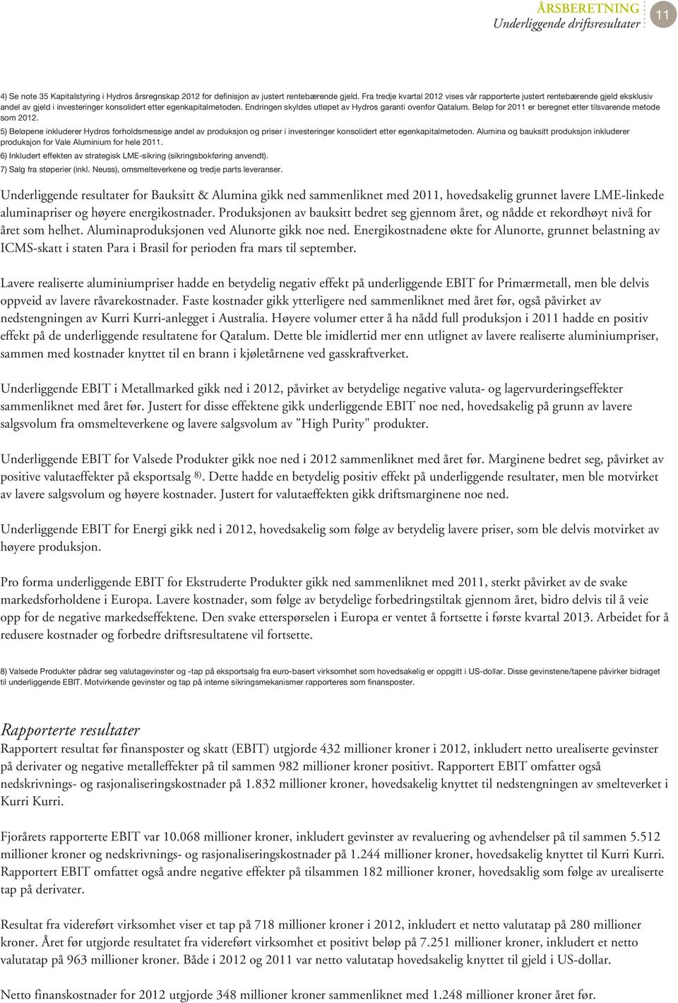 Endringen skyldes utløpet av Hydros garanti ovenfor Qatalum. Beløp for 2011 er beregnet etter tilsvarende metode som 2012.