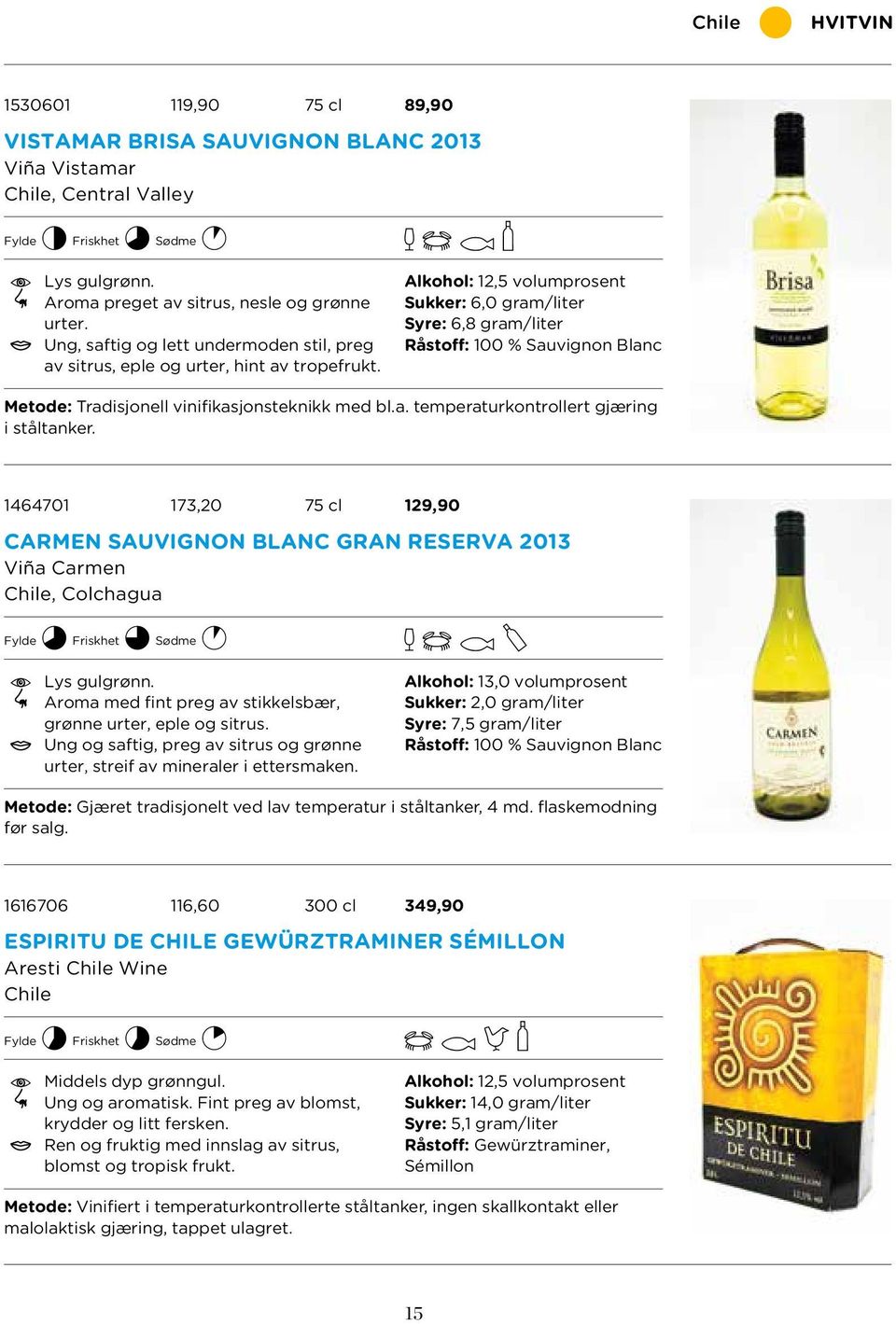 Alkohol: 12,5 volumprosent Sukker: 6,0 gram/liter Syre: 6,8 gram/liter Råstoff: 100 % Sauvignon Blanc Metode: Tradisjonell vinifikasjonsteknikk med bl.a. temperaturkontrollert gjæring i ståltanker.