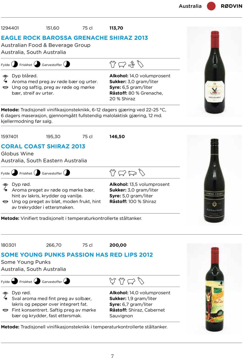 Alkohol: 14,0 volumprosent Sukker: 3,0 gram/liter Syre: 6,5 gram/liter Råstoff: 80 % Grenache, 20 % Shiraz Metode: Tradisjonell vinifikasjonsteknikk, 6-12 dagers gjæring ved 22-25 C, 6 dagers