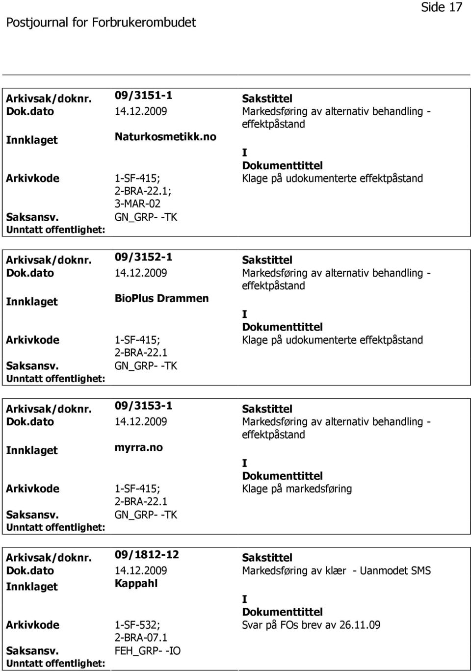 2009 Markedsføring av alternativ behandling - effektpåstand nnklaget BioPlus Drammen 1-SF-415; 2-BRA-22.1 Klage på udokumenterte effektpåstand GN_GRP- -TK Arkivsak/doknr. 09/3153-1 Sakstittel Dok.