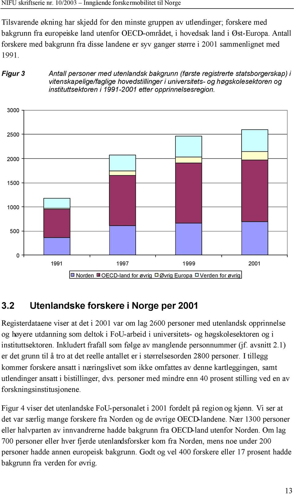 Figur 3 Antall personer med utenlandsk bakgrunn (første registrerte statsborgerskap) i vitenskapelige/faglige hovedstillinger i universitets- og høgskolesektoren og instituttsektoren i 1991-2001