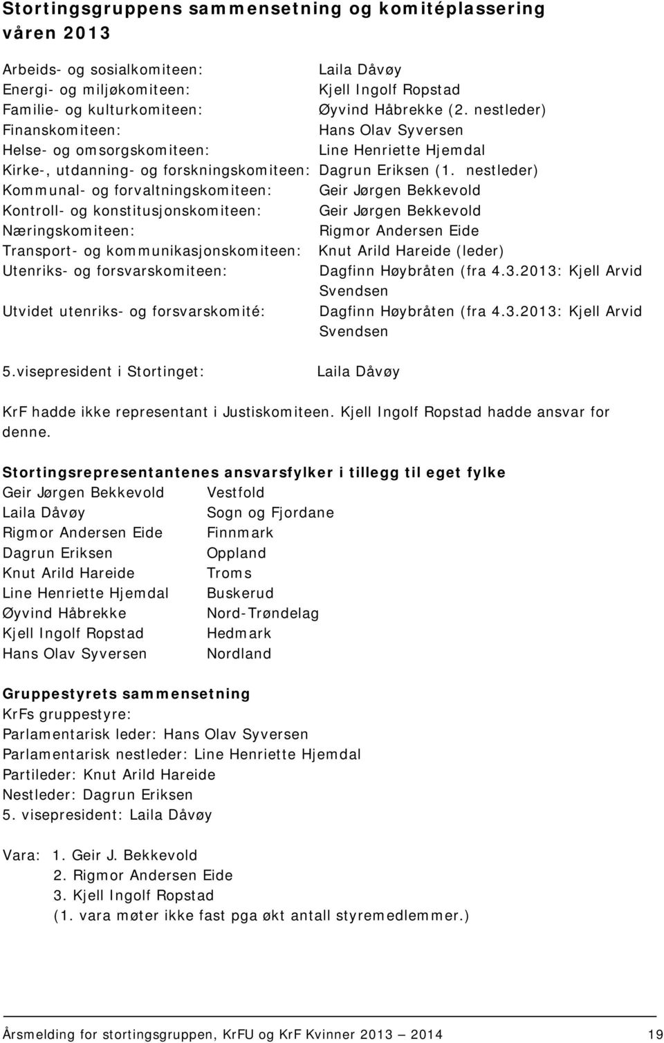 nestleder) Kommunal- og forvaltningskomiteen: Geir Jørgen Bekkevold Kontroll- og konstitusjonskomiteen: Geir Jørgen Bekkevold Næringskomiteen: Rigmor Andersen Eide Transport- og