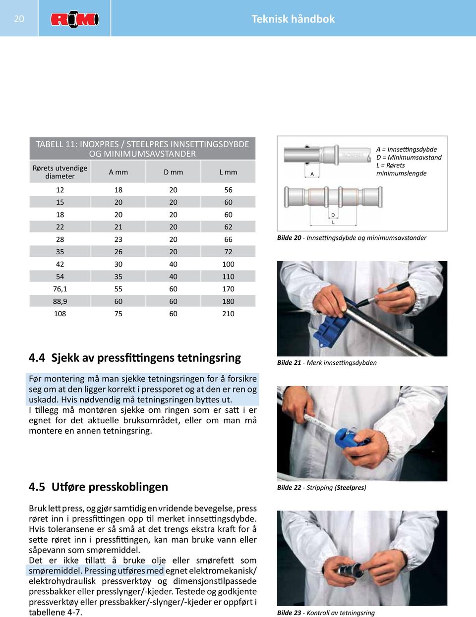 4 Sjekk av pressfittingens tetningsring Før montering må man sjekke tetningsringen for å forsikre seg om at den ligger korrekt i pressporet og at den er ren og uskadd.