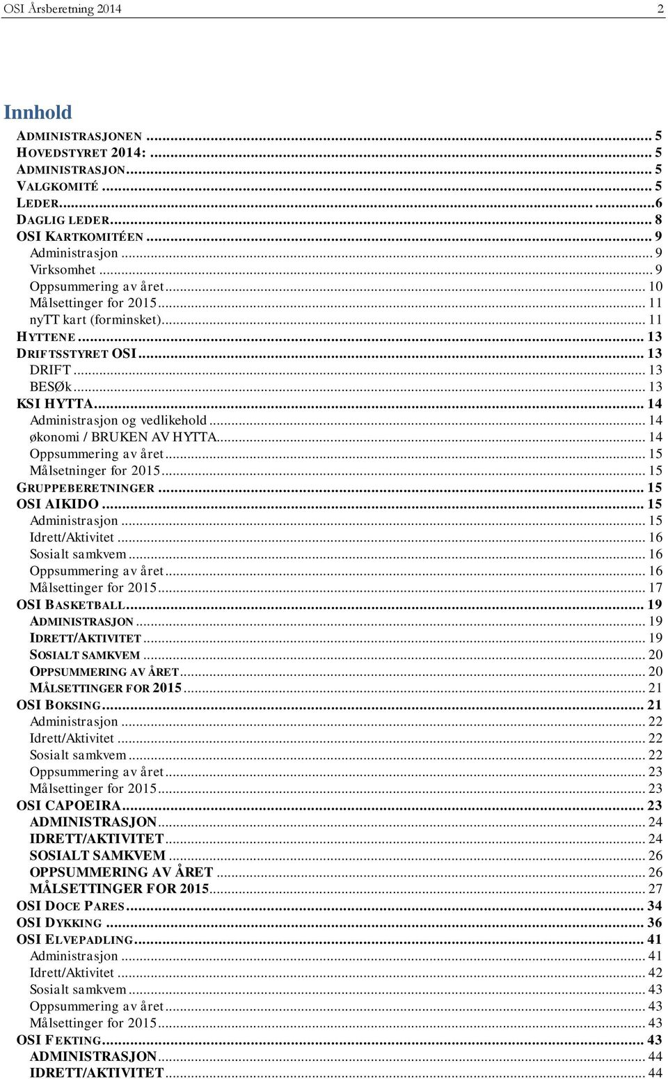 .. 14 økonomi / BRUKEN AV HYTTA... 14 Oppsummering av året... 15 Målsetninger for 2015... 15 GRUPPEBERETNINGER... 15 OSI AIKIDO... 15 Administrasjon... 15 Idrett/Aktivitet... 16 Sosialt samkvem.