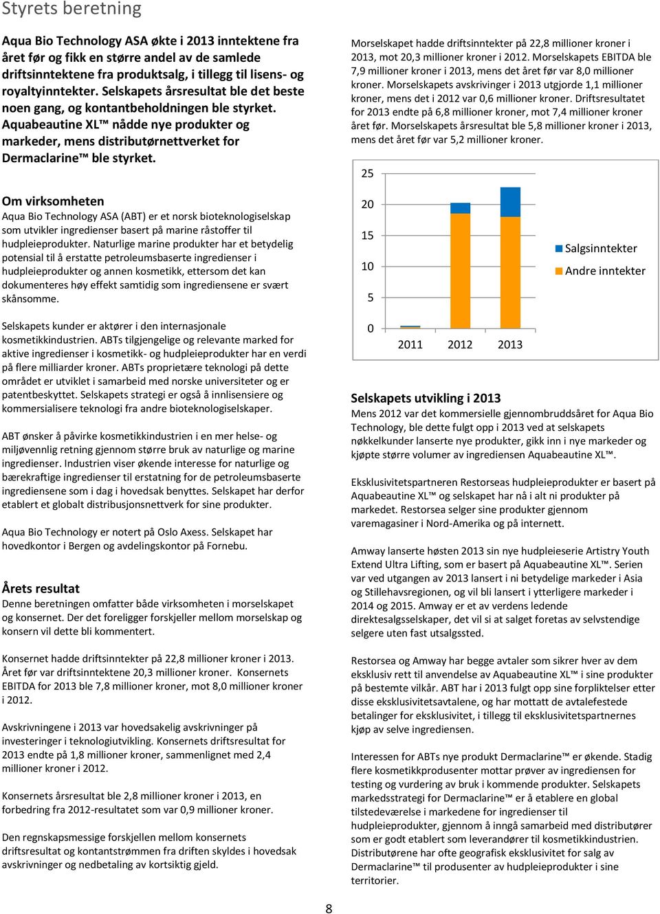 Morselskapet hadde driftsinntekter på 22,8 millioner kroner i 2013, mot 20,3 millioner kroner i 2012. Morselskapets EBITDA ble 7,9 millioner kroner i 2013, mens det året før var 8,0 millioner kroner.