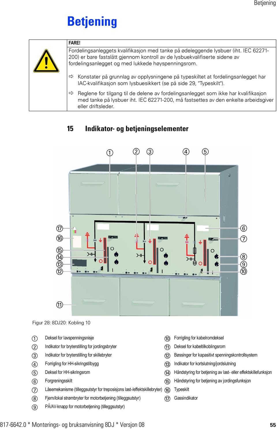 Konstater på grunnlag av opplysningene på typeskiltet at fordelingsanlegget har IAC-kvalifikasjon som lysbuesikkert (se på side 29, "Typeskilt").