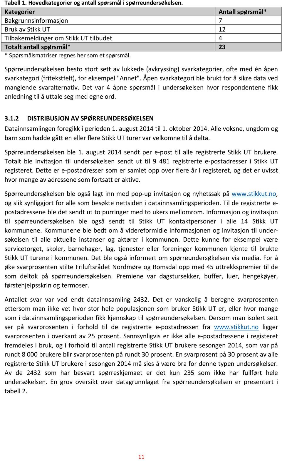 Spørreundersøkelsen besto stort sett av lukkede (avkryssing) svarkategorier, ofte med én åpen svarkategori (fritekstfelt), for eksempel "Annet".