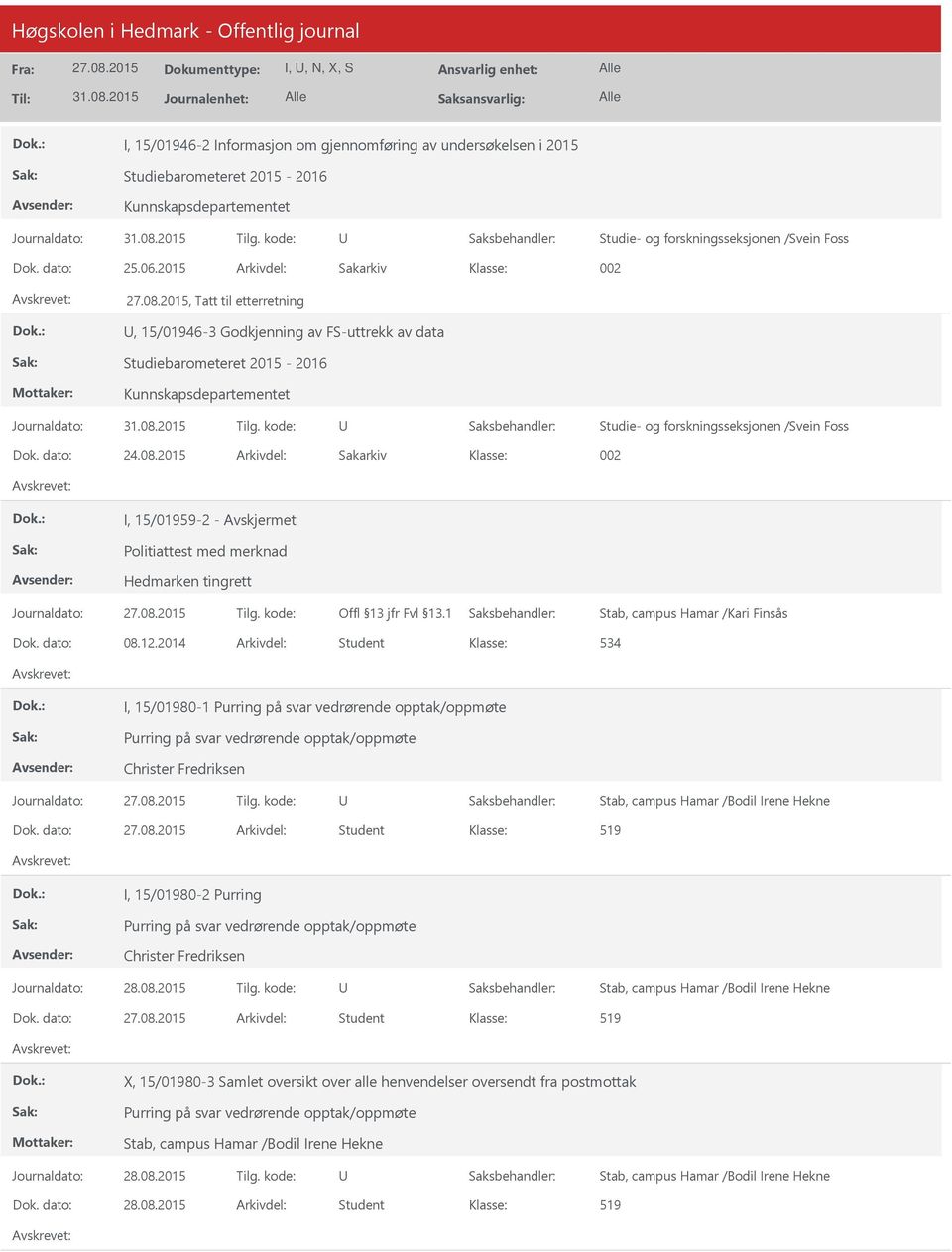 dato: 24.08.2015 Arkivdel: Sakarkiv 002 I, 15/01959-2 - Politiattest med merknad Hedmarken tingrett Stab, campus Hamar /Kari Finsås Dok. dato: 08.12.