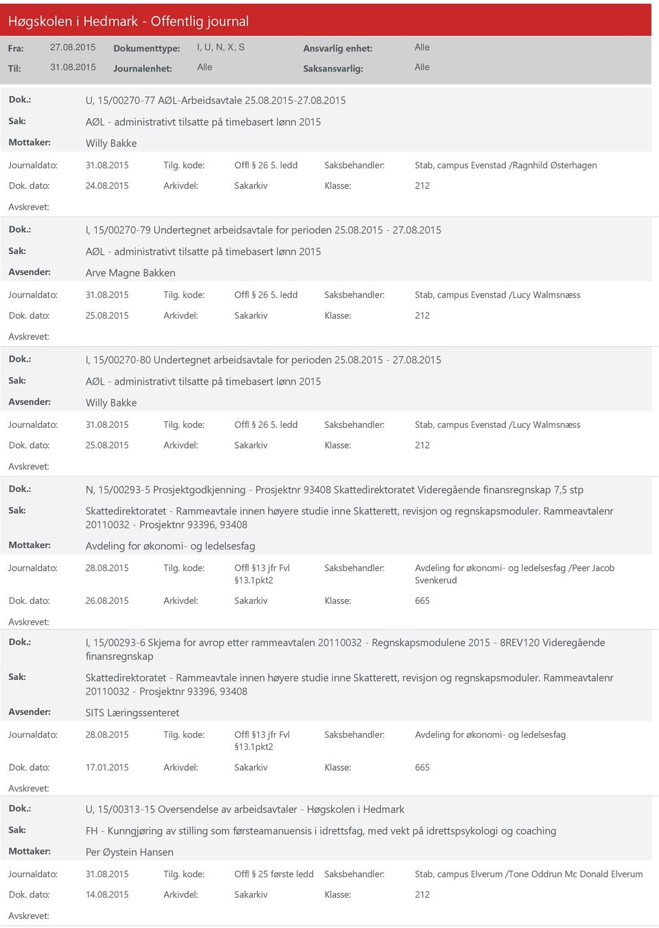 08.2015 - AØL - administrativt tilsatte på timebasert lønn 2015 Willy Bakke Offl 26 5. ledd Stab, campus Evenstad /Lucy Walmsnæss Dok. dato: 25.08.2015 Arkivdel: Sakarkiv N, 15/00293-5