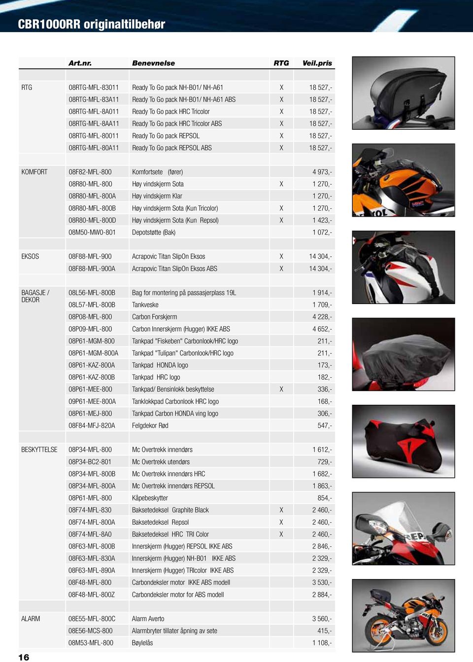 08RTG-MFL-8AA11 Ready To Go pack HRC Tricolor ABS X 18 527,- 08RTG-MFL-80011 Ready To Go pack REPSOL X 18 527,- 08RTG-MFL-80A11 Ready To Go pack REPSOL ABS X 18 527,- KOMFORT 08F82-MFL-800