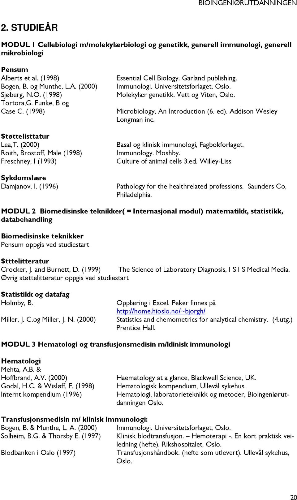 Universitetsforlaget, Oslo. Molekylær genetikk. Vett og Viten, Oslo. Microbiology, An Introduction (6. ed). Addison Wesley Longman inc. Basal og klinisk immunologi, Fagbokforlaget. Immunology. Moshby.