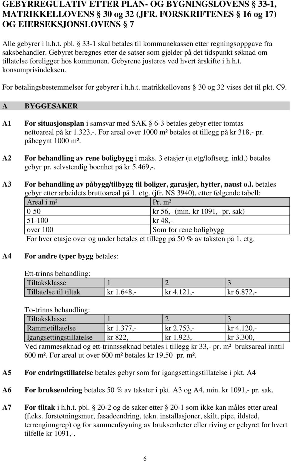 Gebyrene justeres ved hvert årskifte i h.h.t. konsumprisindeksen. For betalingsbestemmelser for gebyrer i h.h.t. matrikkellovens 30 og 32 vises det til pkt. C9.