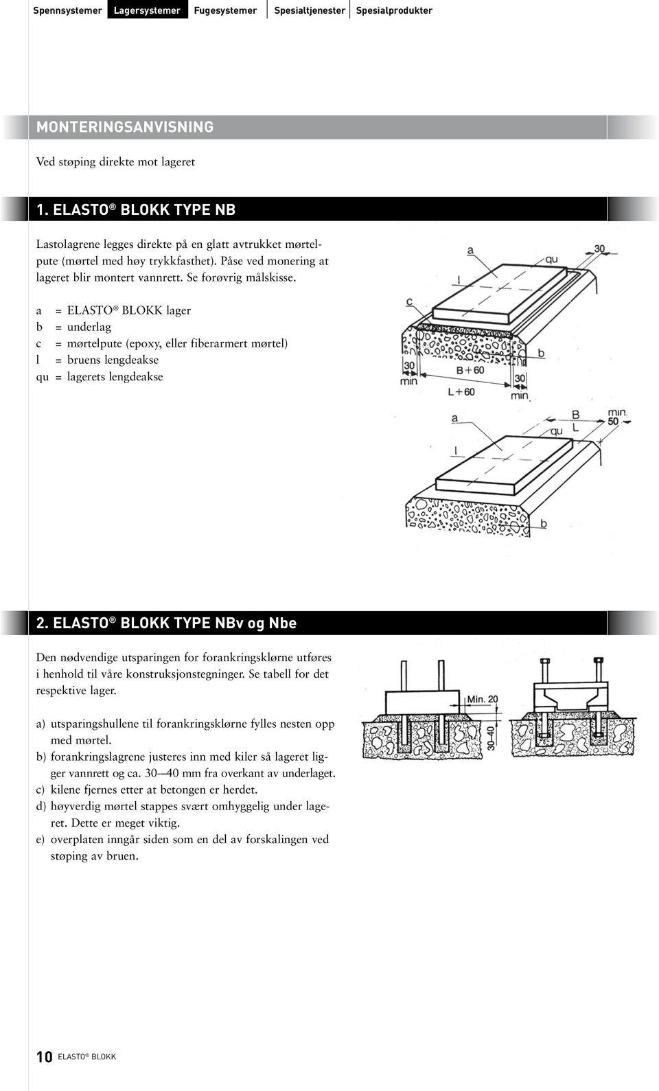 a = ELASTO BLOKK lager b = underlag c = mørtelpute (epoxy, eller fiberarmert mørtel) l = bruens lengdeakse qu = lagerets lengdeakse 2.